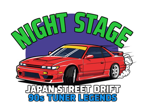 Sport car print design for t shirt.. Japan street drift artwork.. 90s tuner legends graphic.. Night stage racing poster.. Extreme speed car design.