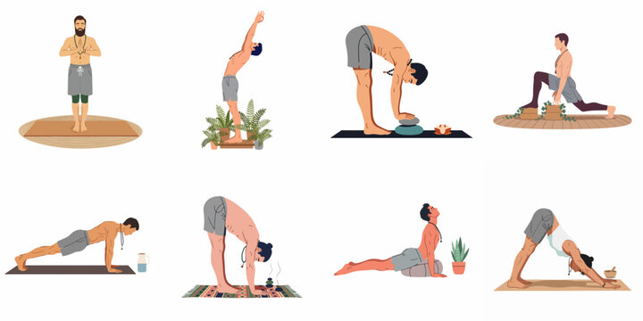 Set of flat illustrations featuring a man performing various Surya Namaskar yoga poses, including Sun Salutation sequences for health and wellness.