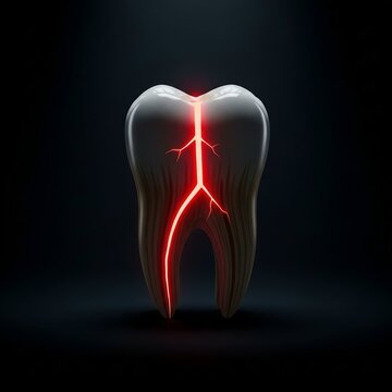 glowing red nerve inside dark damaged tooth showing pain
