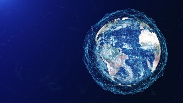 Glowing Blue Earth with Global Digital Plexus Network and Data Waves, Futuristic Technology Planet Background Loop