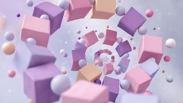 ?Hypnotic spiral of floating colorful cubes and spheres in motion