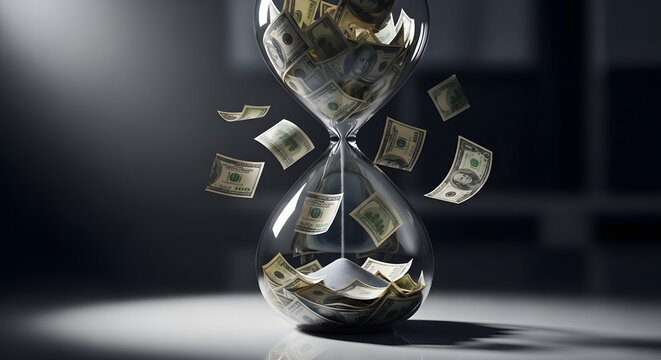A glass hourglass with money bills flowing through it, symbolizing the passage of time and financial transactions.