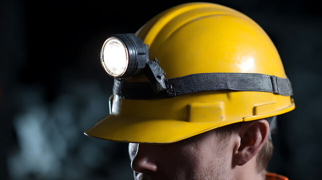 Close-up of a worker in a bright yellow hard hat with an illuminated headlamp, highlighting safety and diligent work in a dark industrial environment