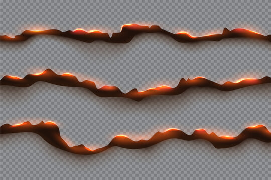 Paper burn fire background with torn edge and glowing embers. Paper fire effect on transparent backdrop, dark charred texture, orange heat glow. Realistic burning vector illustration.