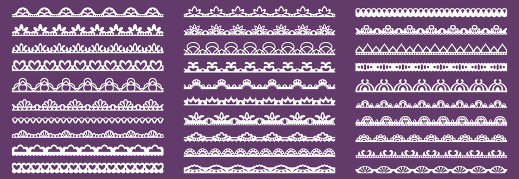 Lace border with delicate scallop patterns and elegant trim designs. Vector set of crochet edges, heart motifs and seamless ribbon lines for vintage embroidery frames and cute floral decorations.