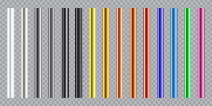 Metal pipes set. Metallic rods. Color cylindrical tubes with smooth highlights, light reflections in parallel horizontal arrangement. Realistic vector illustration.
