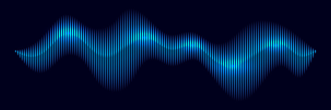 Sound wave. Blue music audio voice line with glowing vertical bars on dark. Music waveform in neon gradient style for audio visualizer, equalizer, DJ interface. Abstract vector illustration.