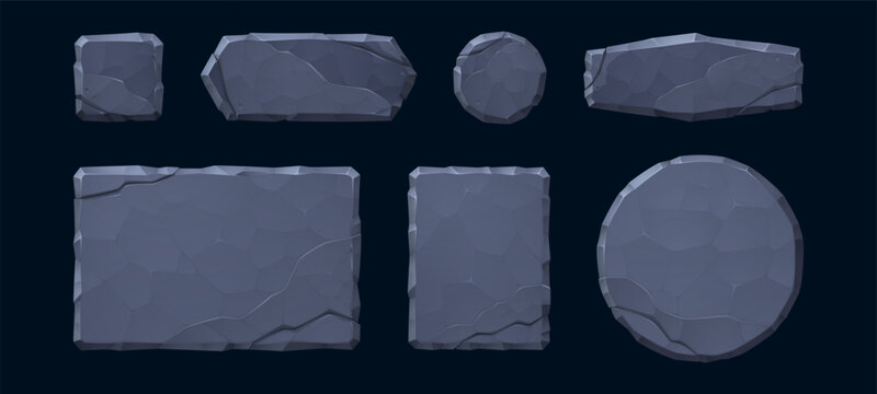 Stone game UI elements with rocky frames and buttons for jungle adventure apps. Cartoon texture plates, ancient aztec signs, fantasy boards and medieval interface icons for RPG menu design.