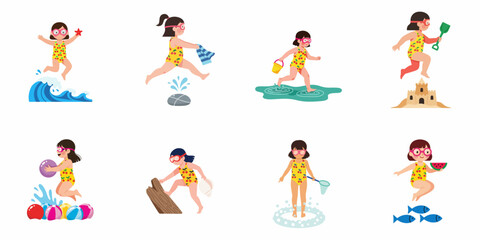 Fototapeta premium Set of cute vector illustrations of a little girl enjoying various summer beach activities like swimming, playing in sand, and jumping over waves.
