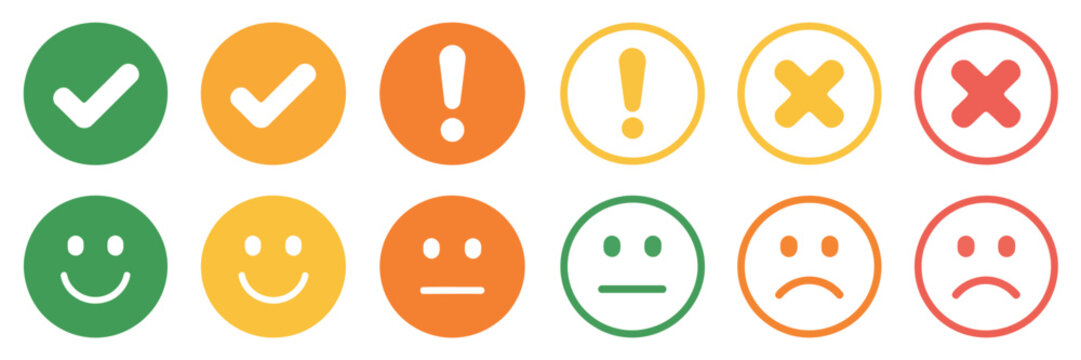 colored status icon collection, green yellow red circle buttons, checkmark cross alert and emoji symbols, feedback interface elements, notification and ui indicators, modern flat vector illustration.