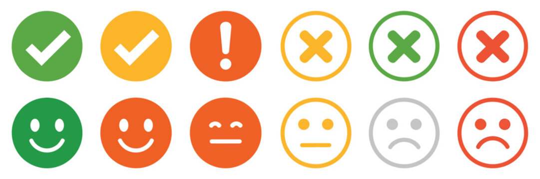 green yellow and red round icons set, check marks cross marks alerts and emoticons, feedback emoji buttons, exclamation points and x symbols, ui elements and status indicators, flat vector design.