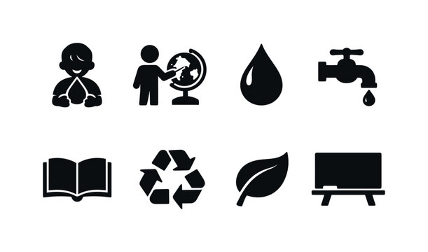 Children Water Education. Filled icon set of Children Water Education: child with water drop, teacher pointing