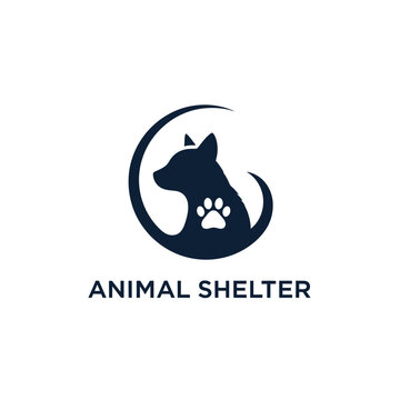 Modern animal shelter logo with cat silhouette and negative space paw print in a circle