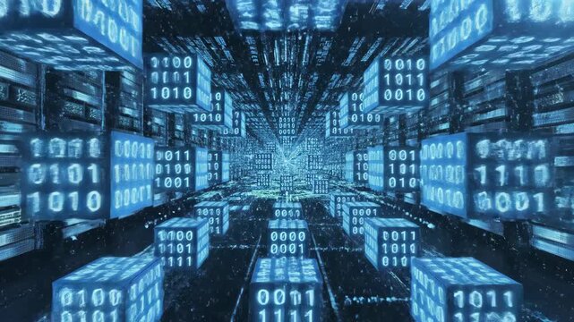 Abstract glowing blue binary code cubes and AI-powered data particles float through a luminous technological background representing big data and cloud computing infrastructure.