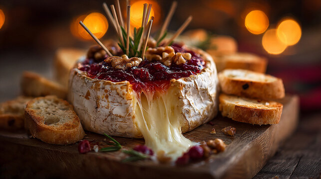 Warm melted Camembert cheese oozing with cranberry sauce and walnuts