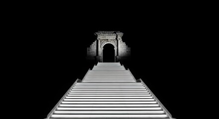 Fototapeta premium A dramatic staircase leads to an ancient stone archway in darkness