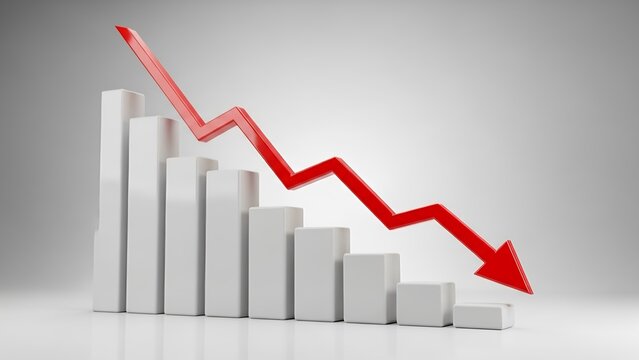 A stark 3D white bar chart visually represents a significant financial or economic downturn, with a prominent red arrow indicating a sharp, continuous decline.