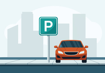Orange Car Parked in City Next to Parking Sign - Urban Transport Illustration © ObStock