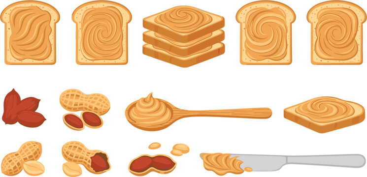 Peanut Butter Spread on Toast with Knife, Spoon, and Peanuts Cartoon Vector Set for Food Preparation and Sandwich Making