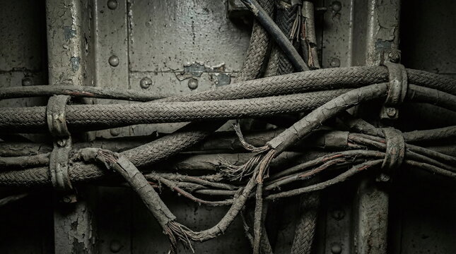 Old, frayed, and damaged electrical wiring with exposed copper cores secured to a weathered metal bulkhead