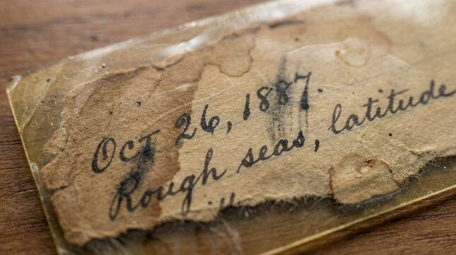 Vintage handwritten nautical log entry from 1887 on stained aged paper describing rough seas and latitude, preserved under a protective film