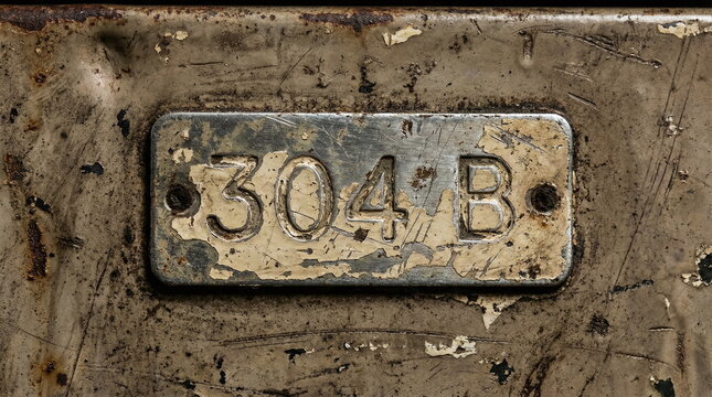 Vintage metal identification plate with 304 B number on a weathered and scratched industrial surface