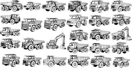Detailed Line Art Collection of Heavy Construction Vehicles: Dump Trucks, Mining Trucks, and Excavators in Black and White Sketch Style for Industrial and Transportation Designs. © victoria