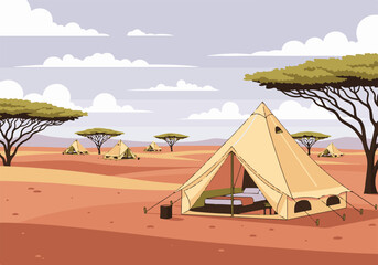 African savanna glamping camp with luxury tents and acacia trees © ObStock