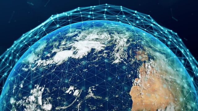 Glowing Blue Earth with Global Digital Plexus Network and Data Waves, Futuristic Technology Planet Background Loop