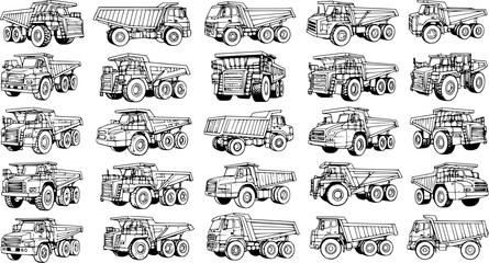 Detailed Line Art Vector Illustrations of Various Dump Trucks. Collection of Heavy Construction and Mining Vehicles in Monochrome Blueprint Style. © victoria