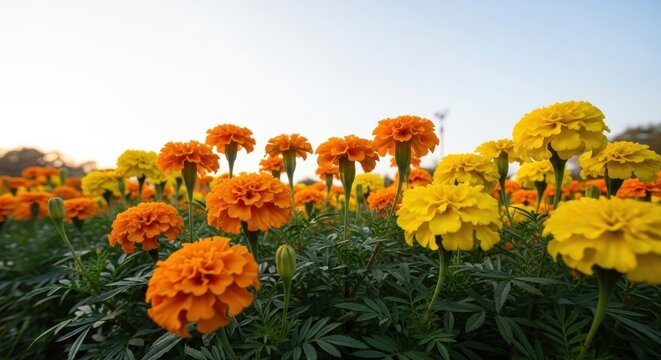 A close-up view of a vibrant field of orange and yellow marigold flowers in full bloom under a clear sky.