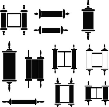 Torah scroll silhouettes set, jewish religious parchment collection, black vector sacred scrolls isolated, hebrew tradition symbols for cultural design