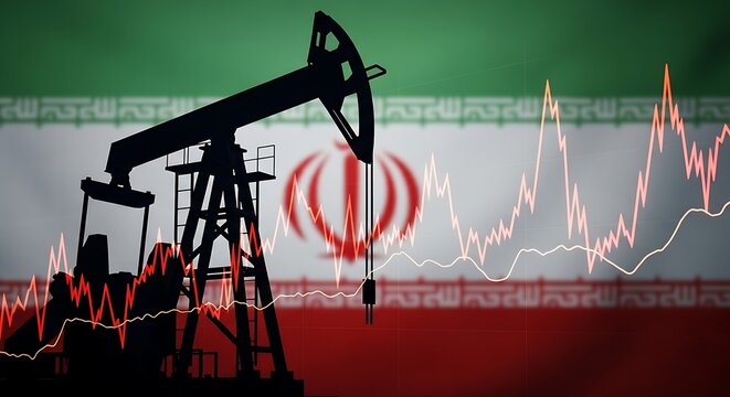 Silhouette of Oil Pump Jack with Fluctuating Stock Market Financial Graph over Iran Flag Background