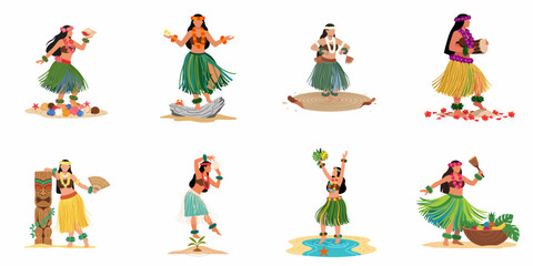 Fototapeta premium Set of eight female hula dancers in traditional Hawaiian attire performing various dances with cultural accessories and instruments, flat vector illustration.