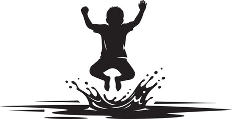 Happy Child Jumping in Water Silhouette Vector ArtBoy Splashing in Puddle Silhouette for Summer FunPlayful Kid Jumping Illustration with Water Splash Effect