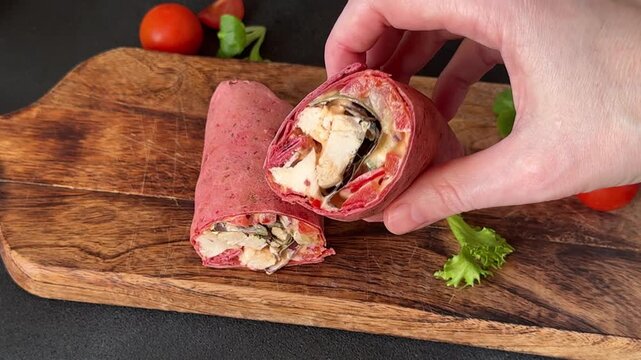 Kebab wrap chicken and vegetables pink lavash doner kebab tasty shawarma snack fresh gourmet food background on the table rustic food top view copy space dark background marketing concept 