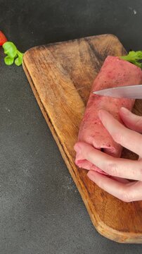 Kebab wrap chicken and vegetables pink lavash doner kebab tasty shawarma snack fresh gourmet food background on the table rustic food top view copy space dark background marketing concept 