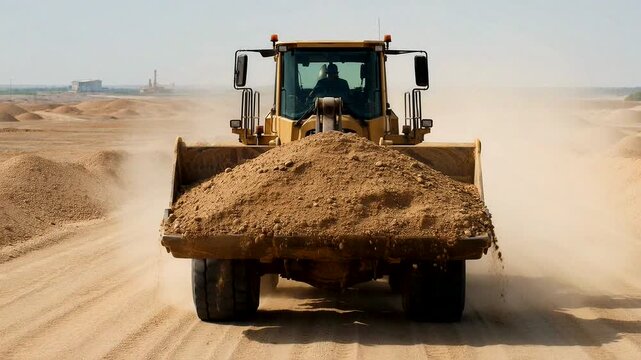 A heavy machinery loader transports dirt at a construction site, creating dust and showcasing industrial work.