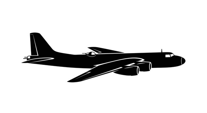 Black silhouette of a vintage four-engine bomber airplane on a white background