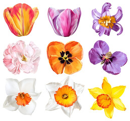 Fototapeta premium Hand painted watercolor floral clipart set spring blooms isolated on transparent PNG