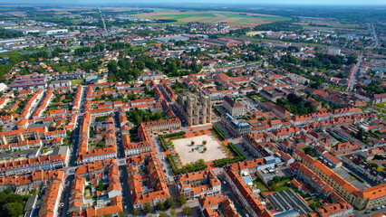 Fototapeta premium Aerial view beside the old town of the city Vitry-le-Francois in France on a sunny summer afternoon. 