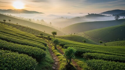 Obraz premium A serene tea plantation landscape at sunrise with rolling hills and mist