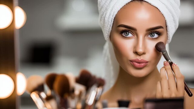 Woman with towel on head applying blush to her cheek with brush in mirror. Daily beauty routine of cosmetic makeup application in studio light for skin care.