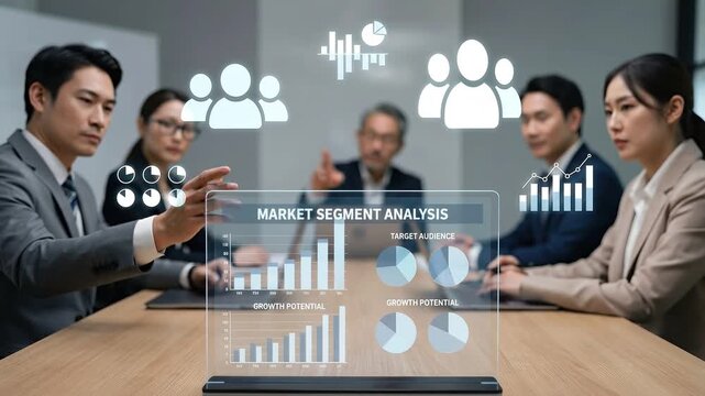 Brand Strategy: Market segment analysis in business environment with floating audience and chart icons
