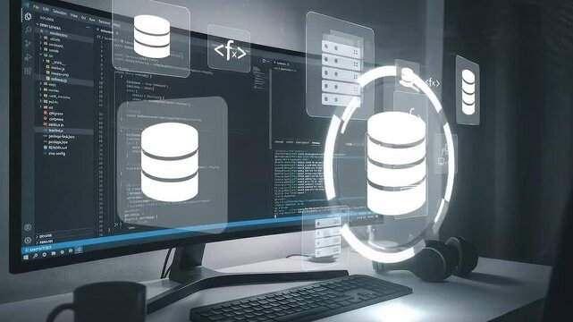 Backend Services: Code interface running in programming workspace with floating server and function icons
