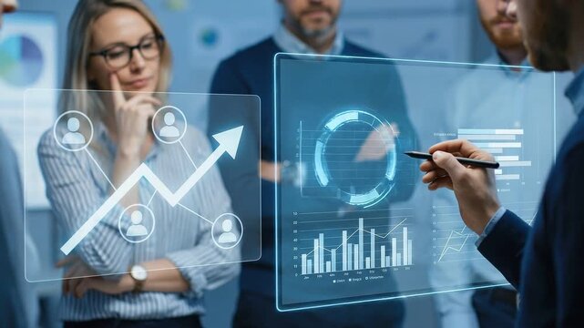 Competitive Analysis: Target audience insights in marketing office with floating graph and user icons
