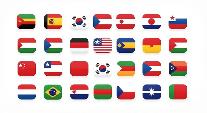 An extensive assortment of colorful rounded square flags representing many different nations is neatly organized on a white background.
