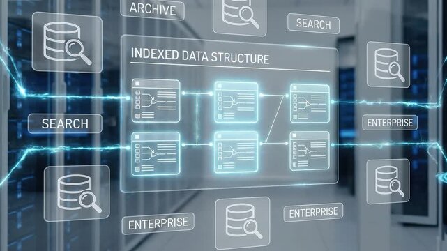 Data Indexing: Archive search in enterprise platform with floating database and tag icons
