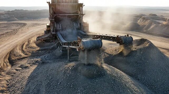 Aerial view of mining machinery processing gravel in a dusty landscape, showcasing industrial operations.