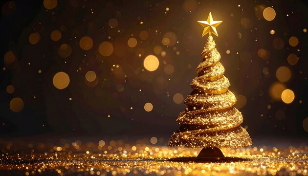 A golden Christmas tree with a star on top amidst sparkling lights